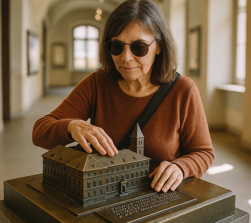 Persona ipovedente esplora un modellino tattile in un museo