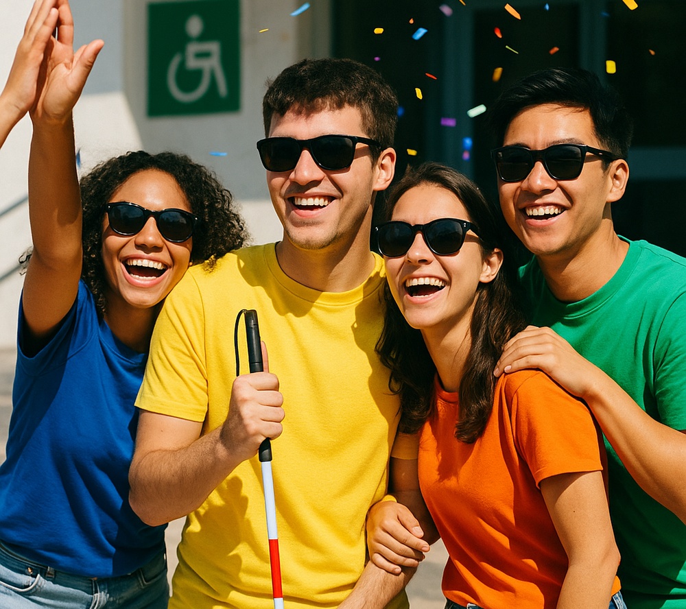 Quattro giovani con occhiali da sole e magliette colorate sorridono insieme; uno tiene un bastone bianco e rosso da persona non vedente, sfondo con cartello di accessibilità.